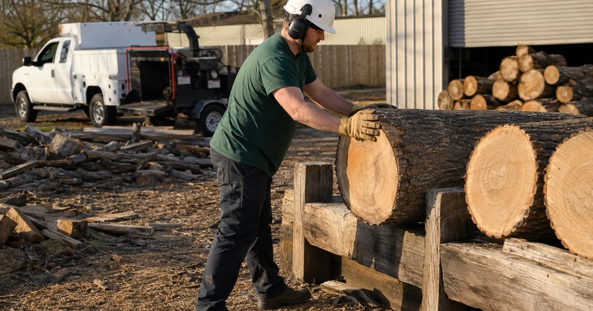 Worker rolling a tulip poplar log round onto the bunk at a Decatur crew yard at the end of the day.