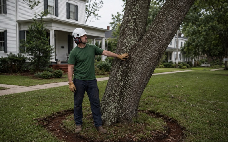 Worker reading a lean and root plate movement on a mature southern red oak in an older Decatur yard.