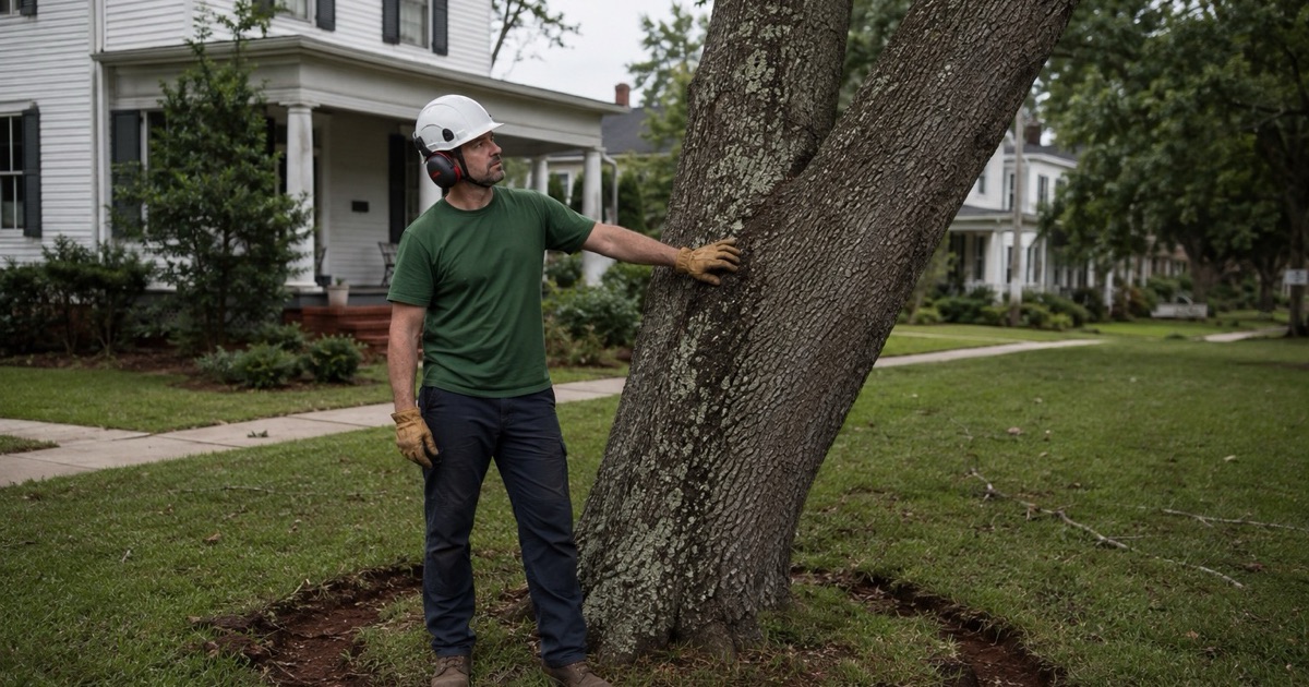 Worker reading a lean and root plate movement on a mature southern red oak in an older Decatur yard.