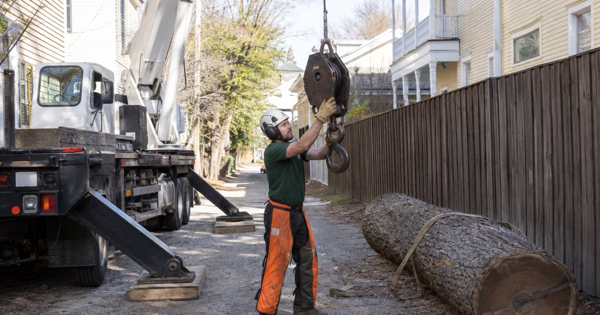 Worker setting the choker onto the crane hook block in a narrow Old Decatur alley before a pick.