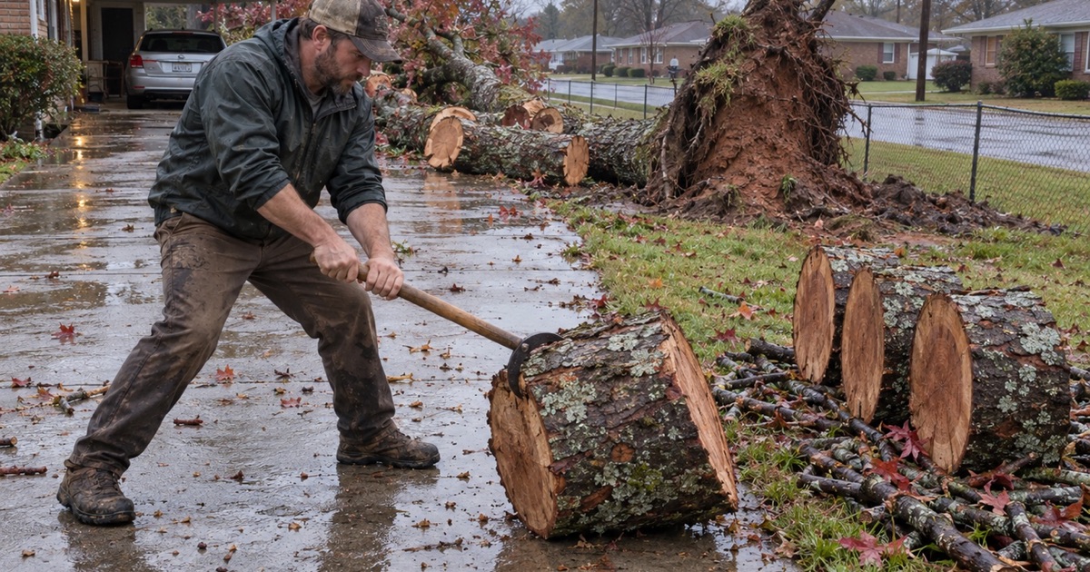 Worker rolling a red maple round clear of a Decatur driveway with a cant hook the morning after a storm.