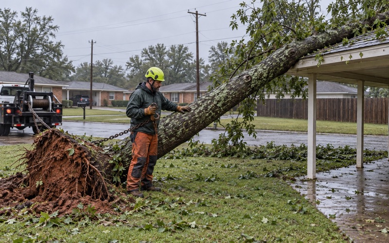 Worker setting a chain sling on a windthrown hackberry stem resting on a Decatur carport.