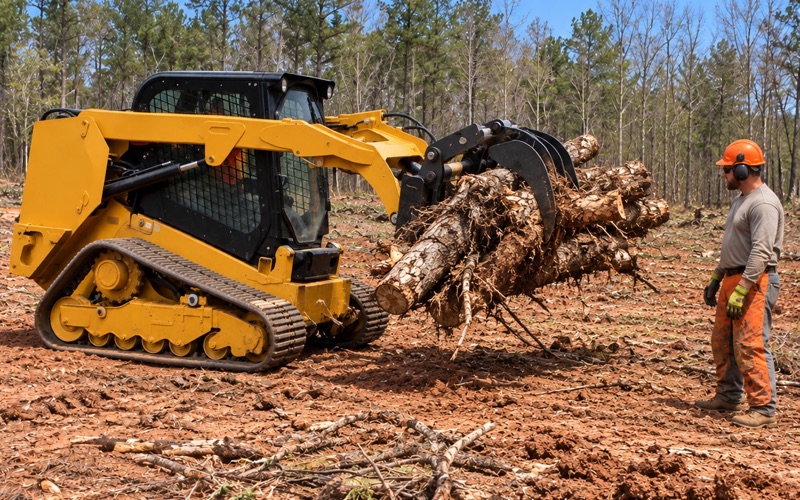 Worker guiding a cut sweetgum stem into the grapple of a track loader at a Decatur clearing windrow.