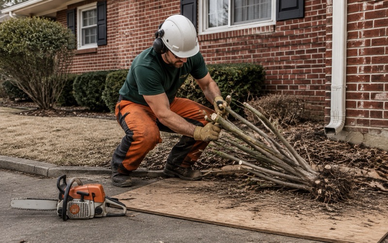 Worker pulling an overgrown crape myrtle stem cluster out of a Decatur foundation bed after cutting the tops off.