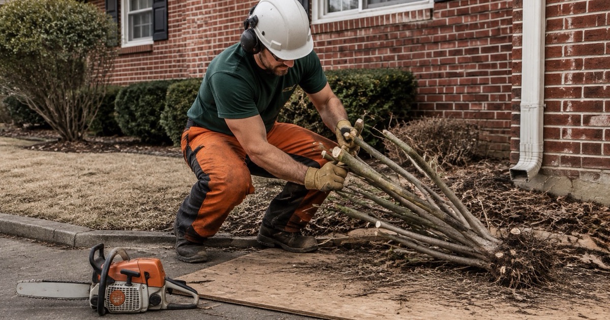 Worker pulling an overgrown crape myrtle stem cluster out of a Decatur foundation bed after cutting the tops off.