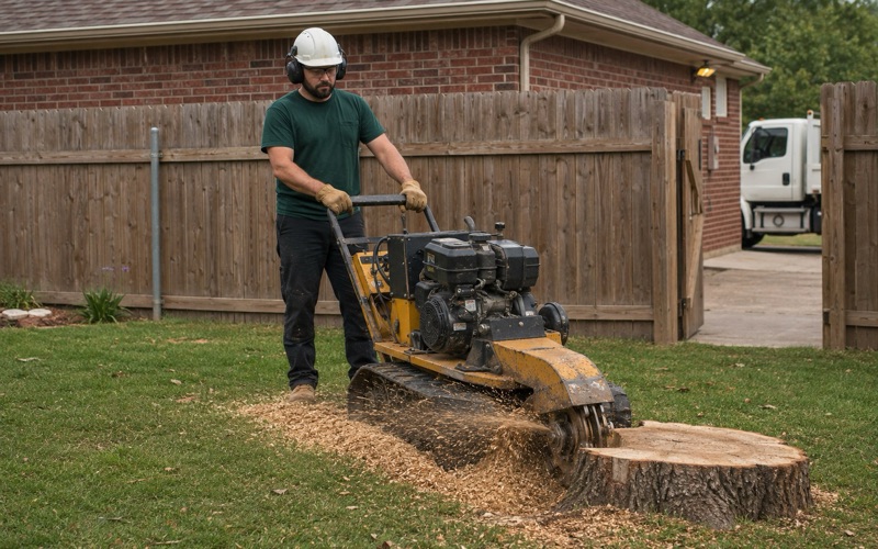 Worker sweeping a stump grinder wheel across the face of a white oak stump in a Decatur back yard.