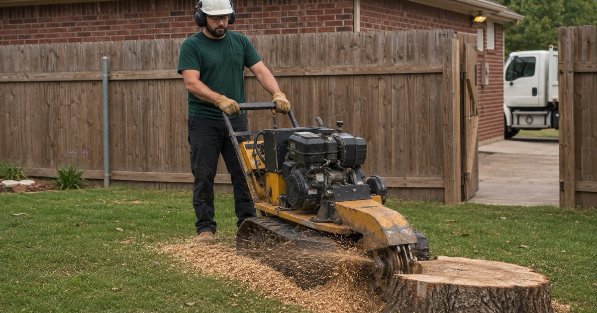 Worker sweeping a stump grinder wheel across the face of a white oak stump in a Decatur back yard.