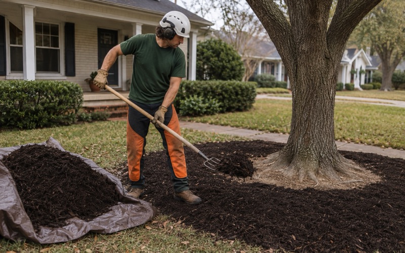 Worker spreading mulch to the drip line of a declining Decatur white oak with the trunk collar left bare.