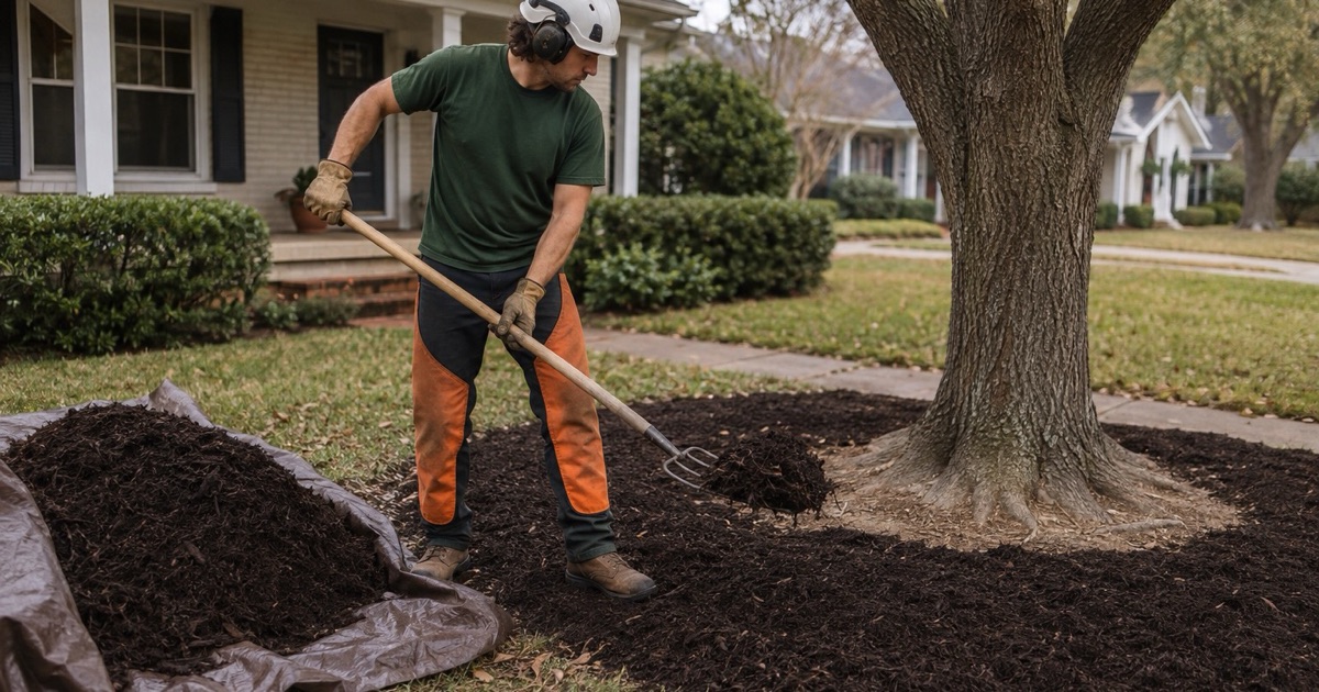 Worker spreading mulch to the drip line of a declining Decatur white oak with the trunk collar left bare.