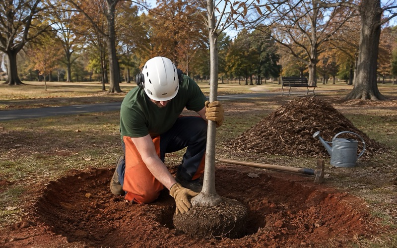 Worker setting a willow oak sapling upright in an open planting pit on Decatur park grounds.