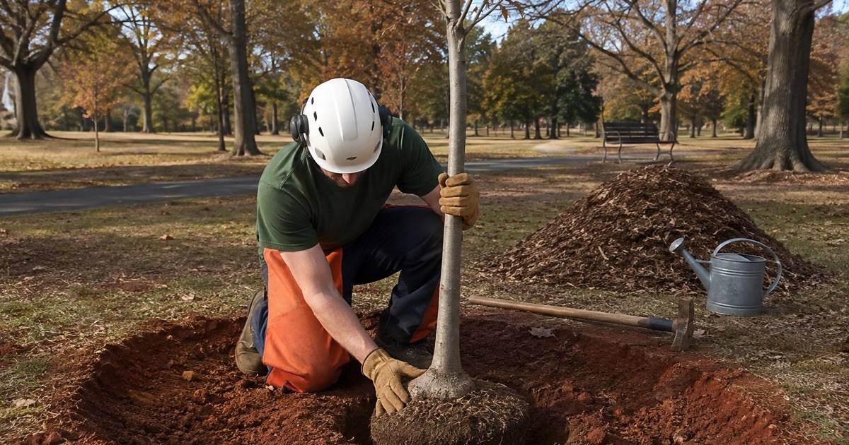 Worker setting a willow oak sapling upright in an open planting pit on Decatur park grounds.