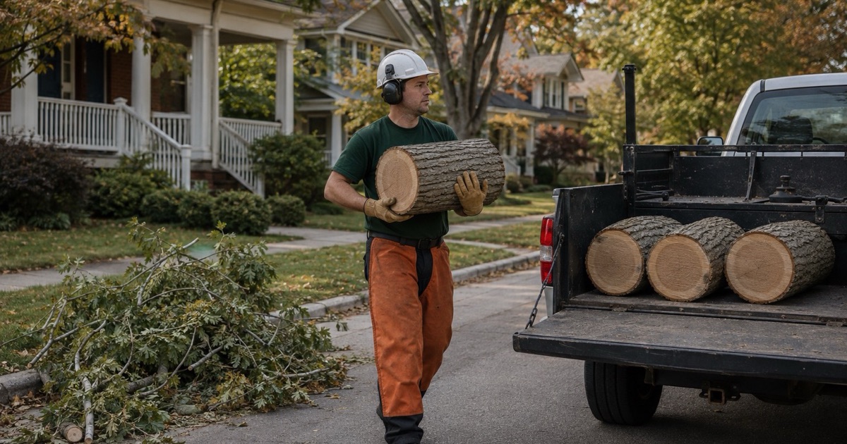 Worker carrying a white oak round to the crew truck in Athens past a homeowner’s own curbside limb pile.