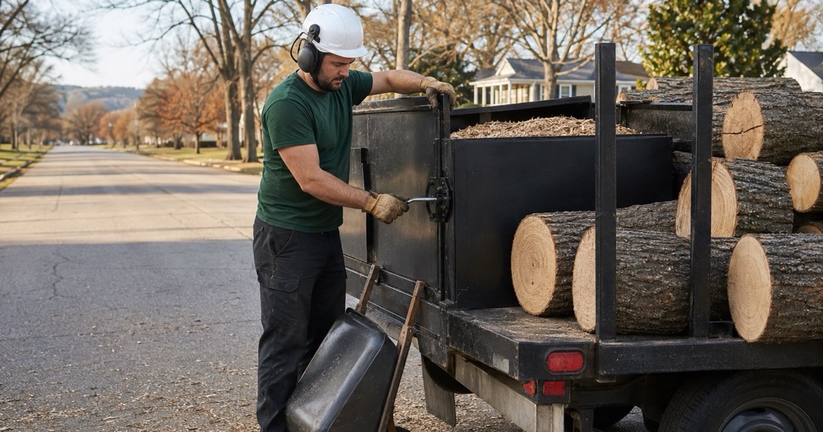 Worker latching the chip box in a wide old Cullman street with the day’s load ready for the landfill scale.