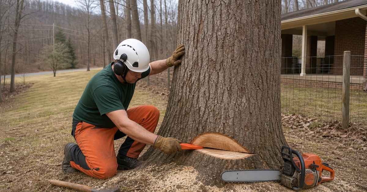 Worker setting a felling wedge in the back cut of a Hartselle tulip poplar while the line tree at the verge is left untouched.