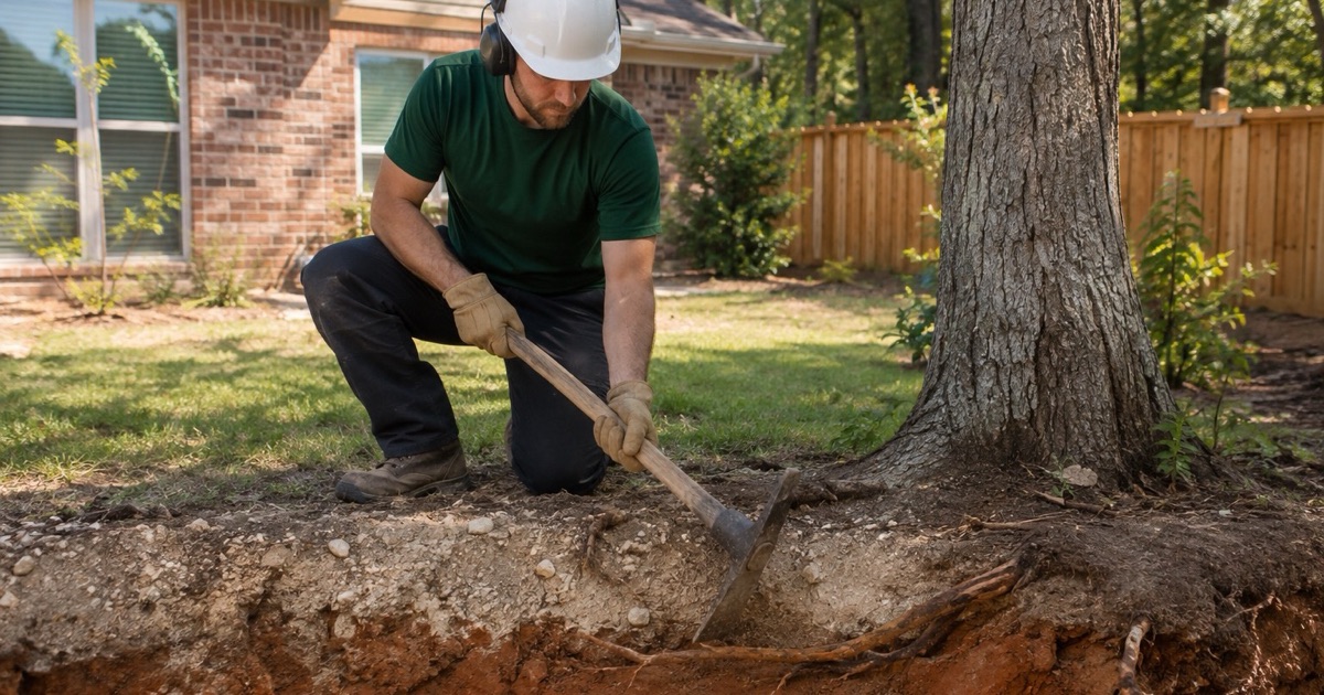 Worker opening an inspection pit at the drip line of a retained Harvest oak to expose imported fill over red clay.