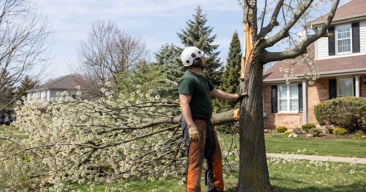 Worker inspecting the split union of a Bradford pear on a Madison subdivision lawn before rigging it.