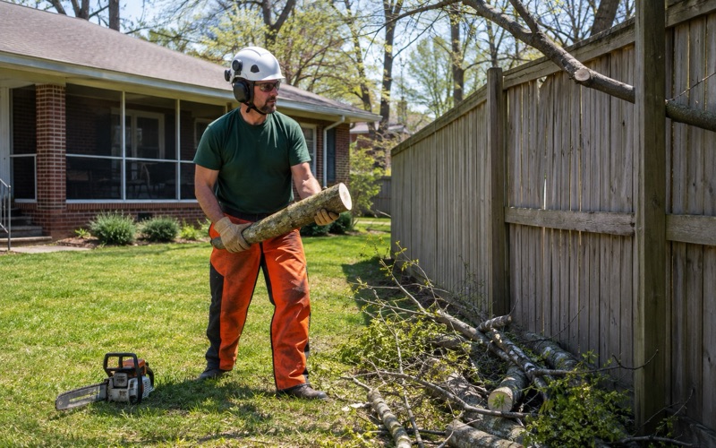 Worker holding a cut limb butt at the boundary between two Decatur back yards where a black cherry crosses the line.