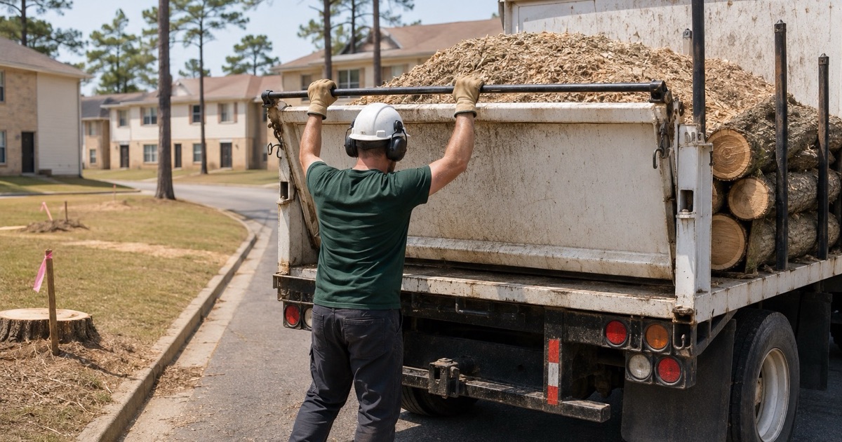 Worker closing the chip box tailboard on Redstone Arsenal housing grounds with a row of identical rented homes behind.