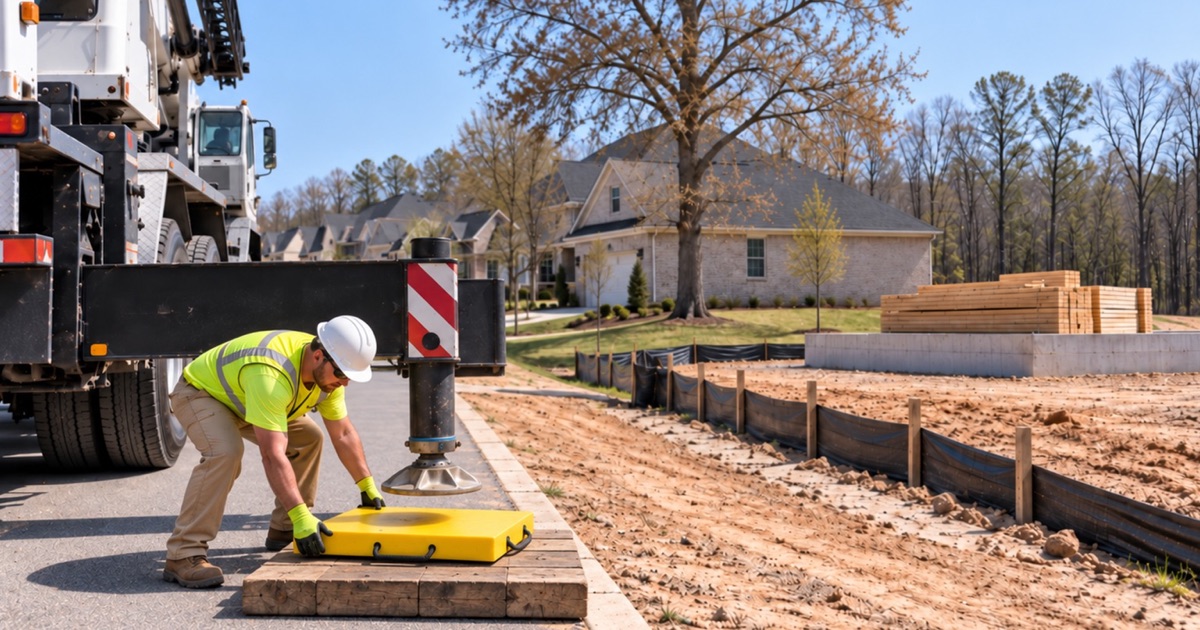 Worker setting a crane outrigger pad on a graded Triana shoulder beside an active building site.