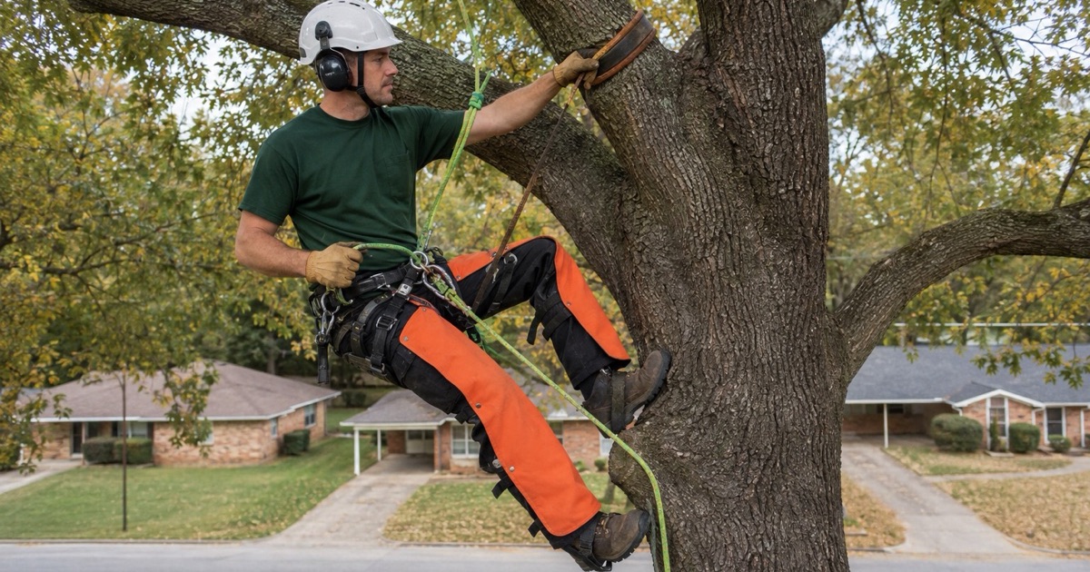 Climber setting a friction saver on the climbing line at a Huntsville willow oak in a 1960s neighborhood.