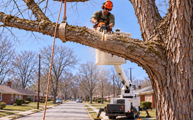 Worker in an aerial bucket making a pruning cut at the branch collar of a Decatur shagbark hickory.