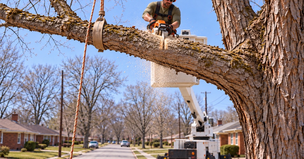 Worker in an aerial bucket making a pruning cut at the branch collar of a Decatur shagbark hickory.